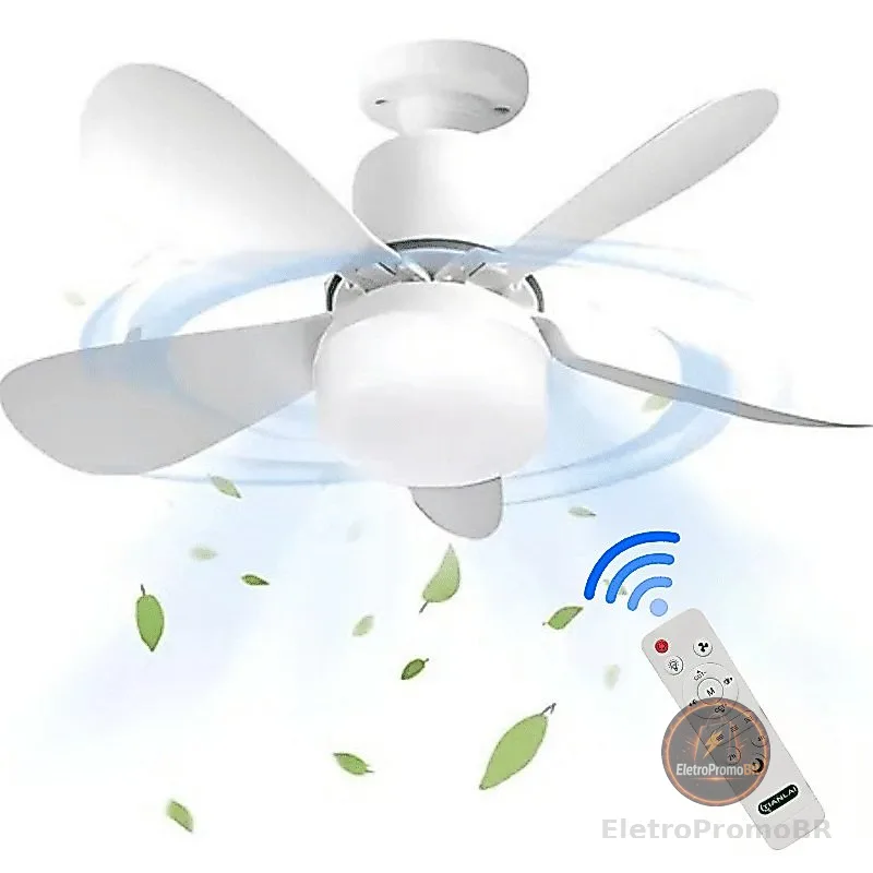 Ventilador 80w de Teto Silencioso LED 3 Cores Bulbo 12w com Controle Bivolt 5 Pás Branco Potente