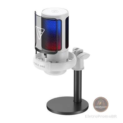 Microfone Gamer Force One Hero, RGB, Botão De Mute, USB, Cardicóide ou Unidirecional, Branco - FR.MC.HE.01