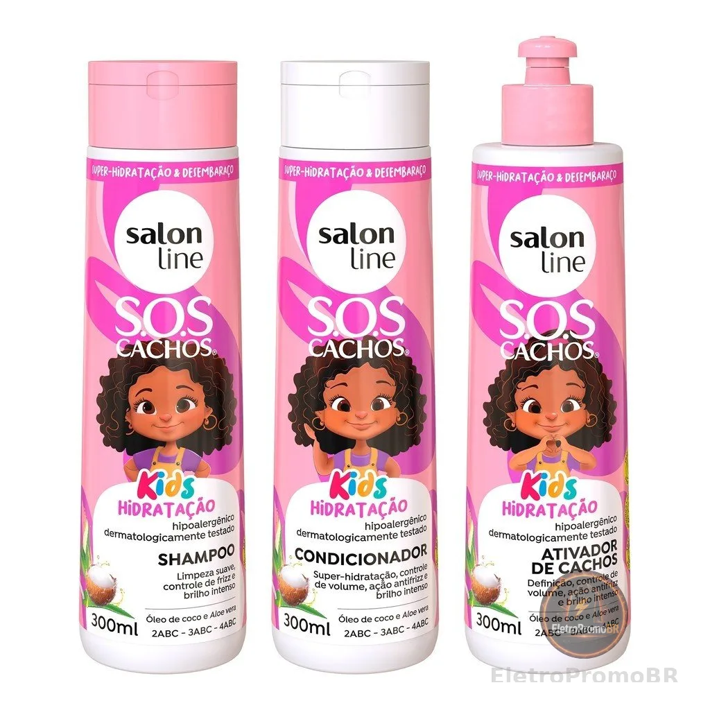 Kit Shampoo + Condicionador + Ativador de Cachos SOS Cachos Kids Hidratação Salon Line