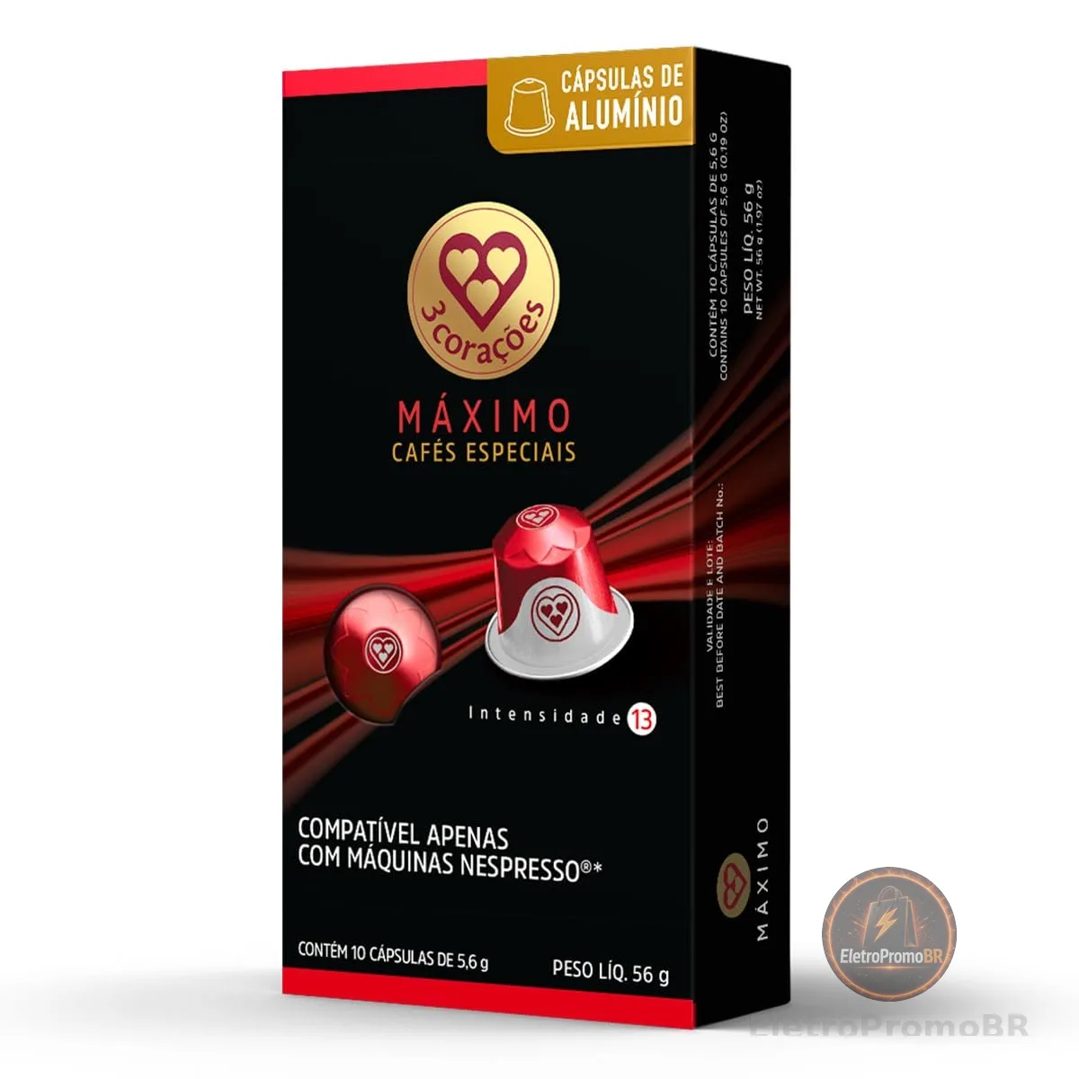 3 Corações Cápsulas de Café Máximo Intensidade 13, Compatíveis com Nespresso, contém 10 cápsulas
