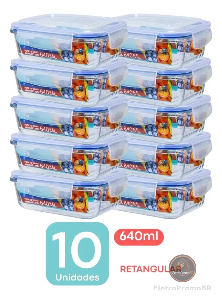Kit Potes Marmita Vidro 640ml Retangular Hermético 640ml