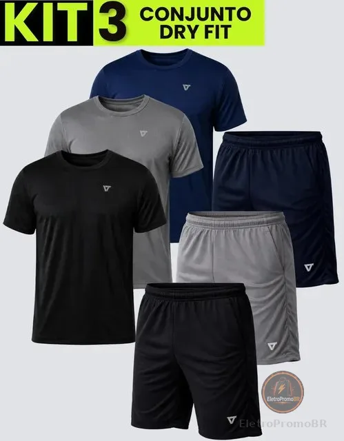 Kit Com 3 Conjuntos Academia Masculino Dry Fit Shorts+camisa