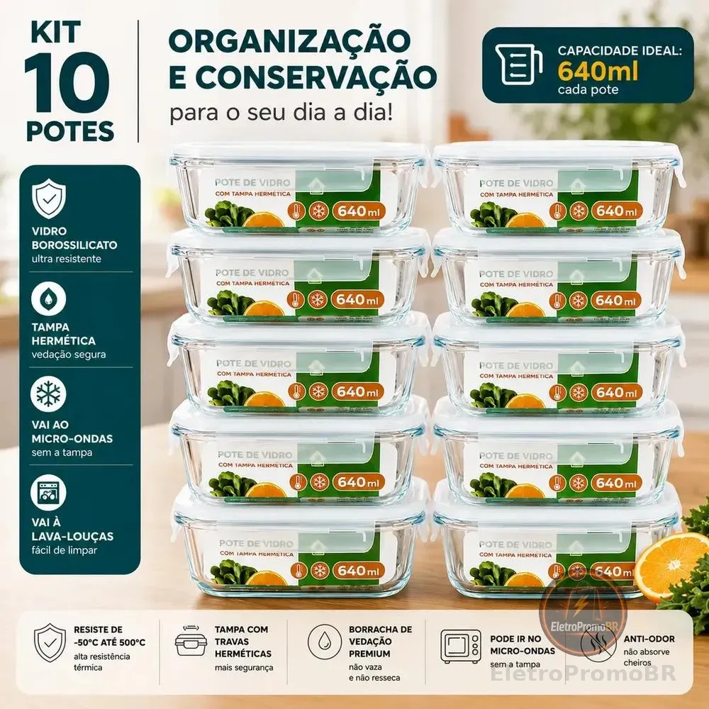 Kit 10 Potes Herméticos De Vidro 640ml Haushop Tampa Vedação Firme Para Geladeira E Despensa Organização Da Cozinha