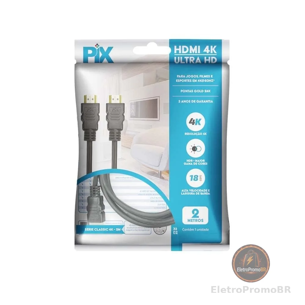 PIX Cabo Hdmi 2.0 4K Hdr 19P 2M Pix Gold, Preto
