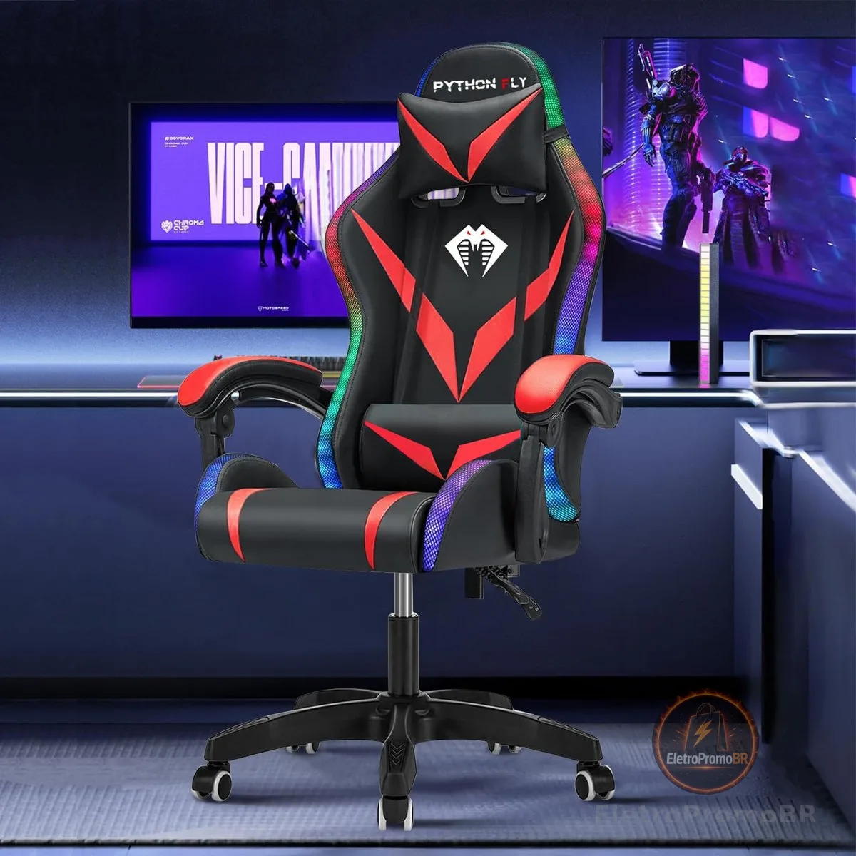 Cadeira Gamer RGB Python Fly com Iluminação Decorativa, Encosto Reclinável, Design Ergonômico para Escritório e Jogos (Vermelho)