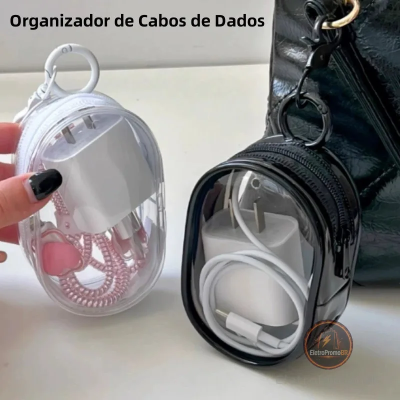 Estojo Portátil para Carregador Transparente com Gancho - Para Samsung Motorola Cabo Fone de Ouvido