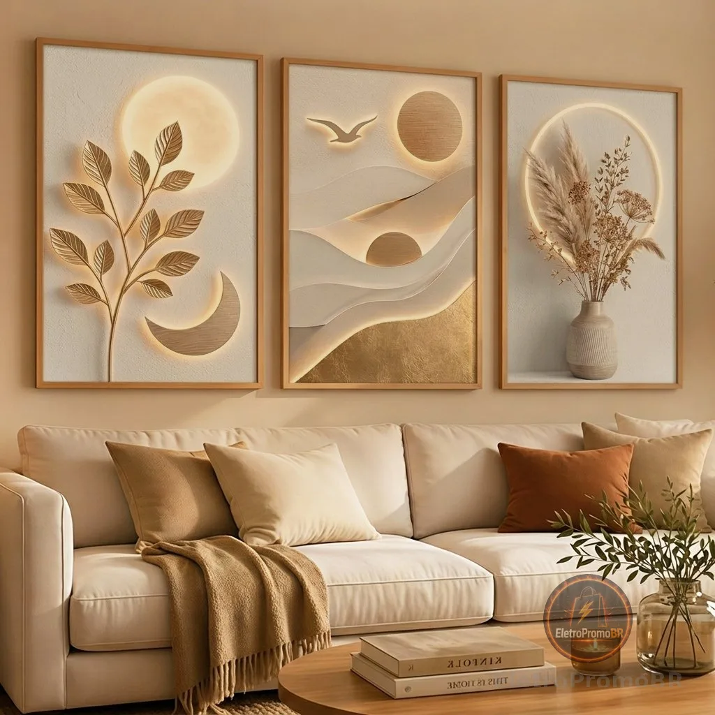 Kit 3 Quadros Arte Floral 3D Dourado Premium Decoração Sala De Estar Moderna Elegante Luxo