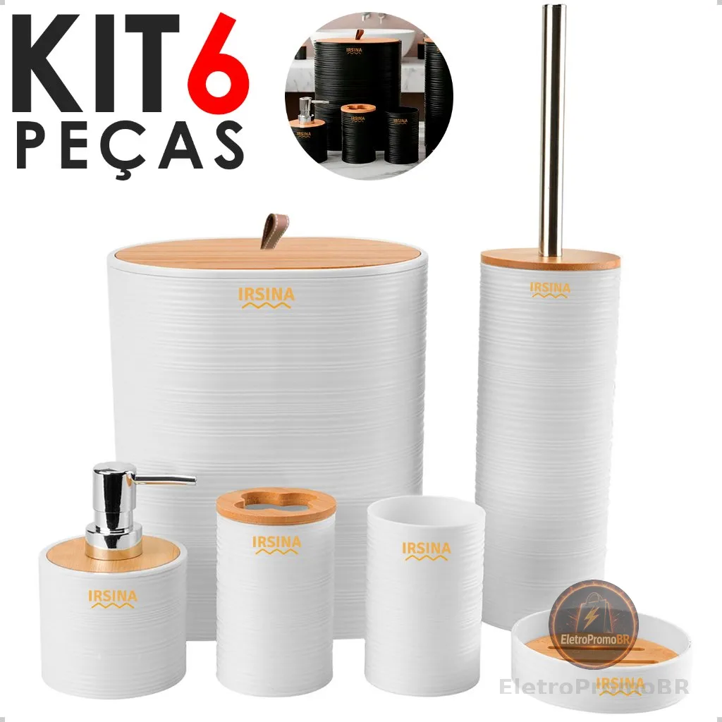 KIT Acessórios de Banheiro Lavabo de Bambu Conjunto Completo Lixeira Saboneteira Escova
