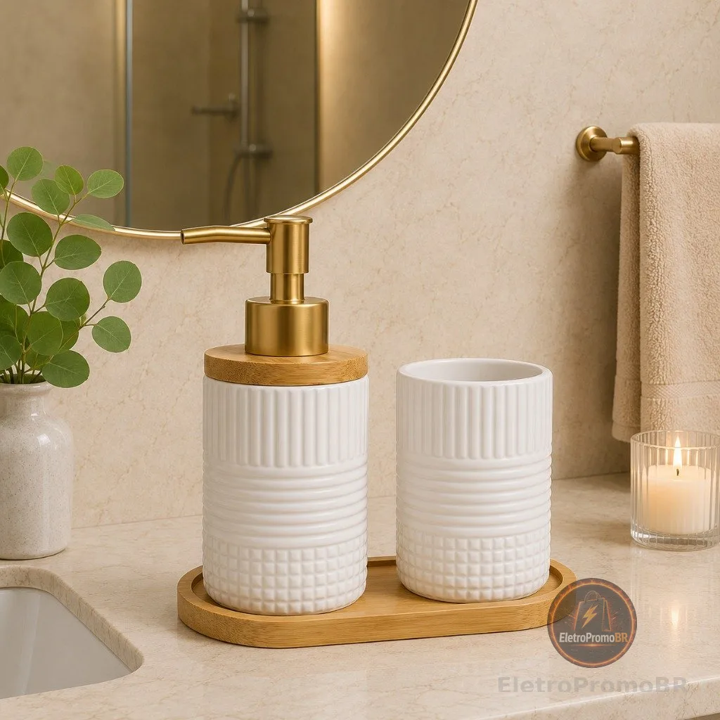 Kit Banheiro Lavabo 3 Peças Dispenser Sabonete Líquido Porta Escova com Bandeja Suporte Bambu Natural