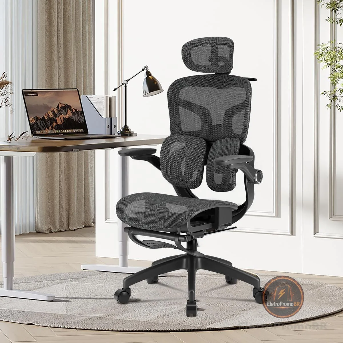 Cadeira de Escritório Ergonômica Testada conforme NR-17, Duplo Apoio Lombar, Assento Deslizante com Ajuste de Profundidade 5cm, Apoio para Pés Retrátil, Reclinável até 135° para Home Office (Preto)