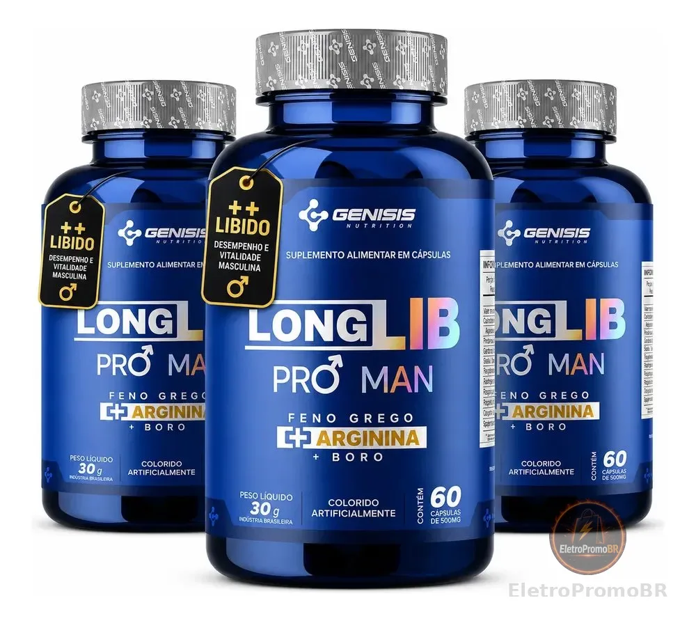 Kit 3x Longlib Pro Man Feno Grego Arginina Boro + Brinde Sem Sabor