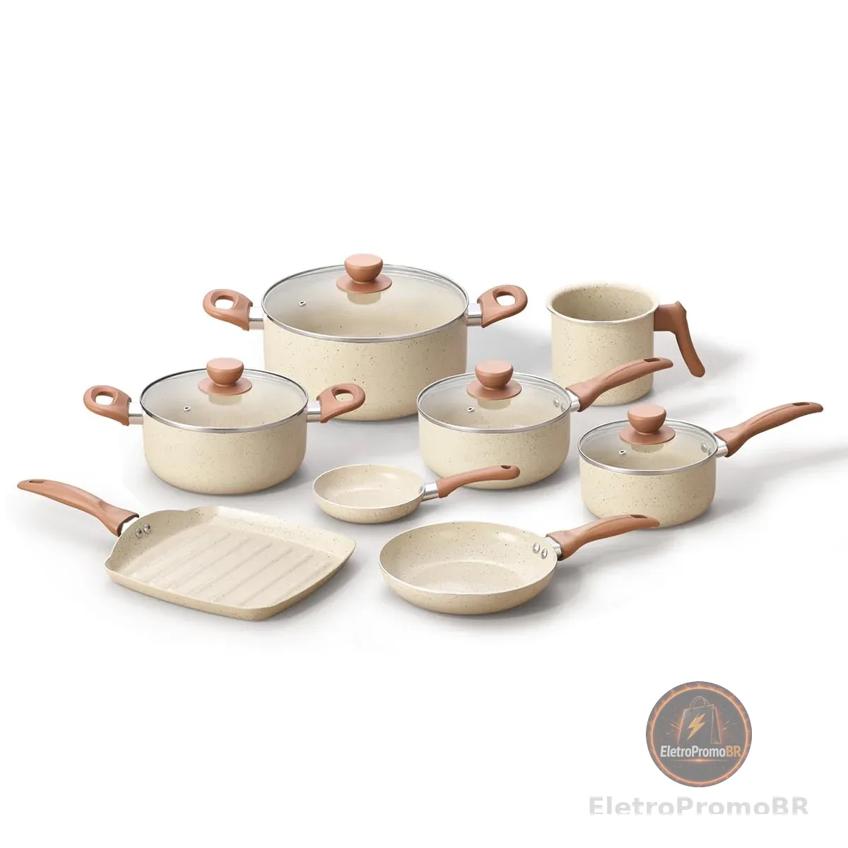 Oikos - Jogo com 8 Panelas Antiaderentes de Revestimento Cerâmica com Tampa de Vidro Terrara Bege com 5 Camadas para Fogão a Gás, Elétricos, Cerâmicos e Halogênio