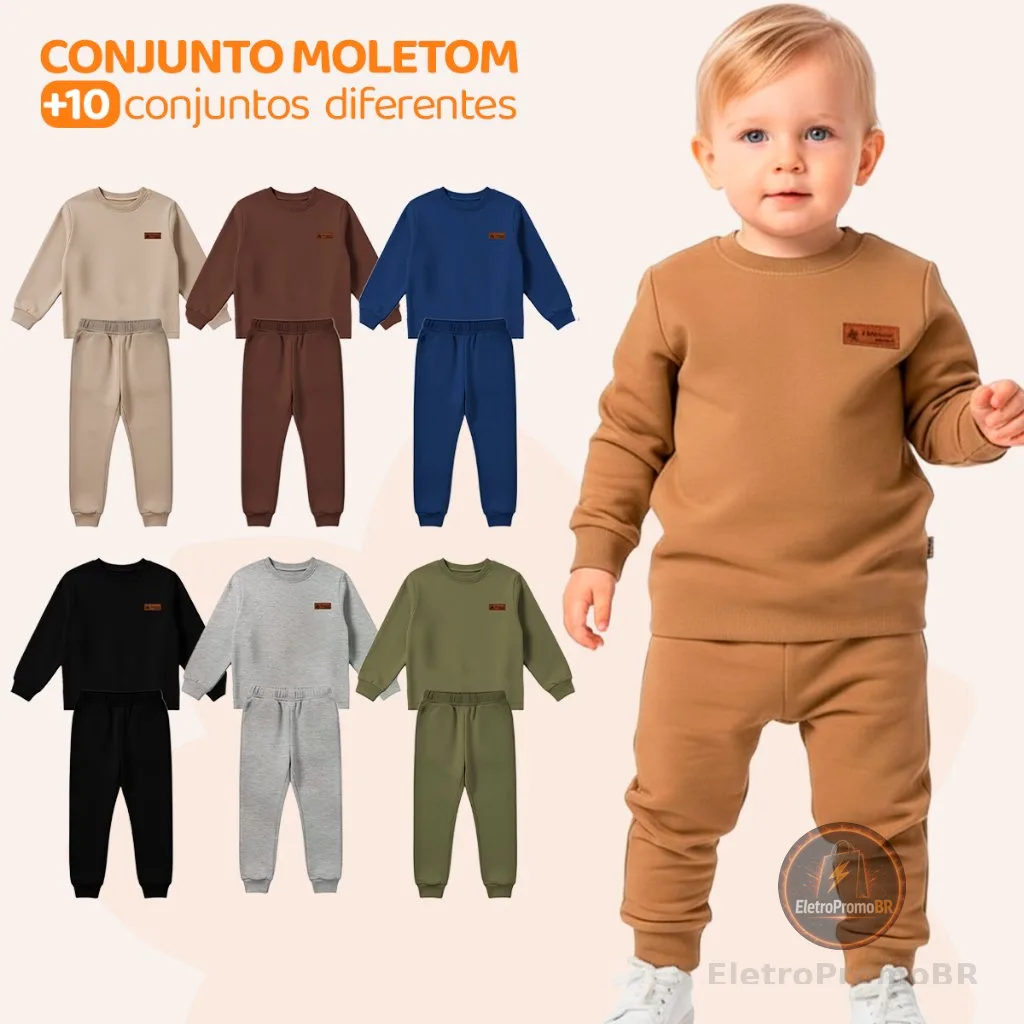 Kit 4 Peças Moletom Minimalista Bebê Menino Neném Blusa e Calça Manga Longa Roupa de Frio Inverno Masculino Liso