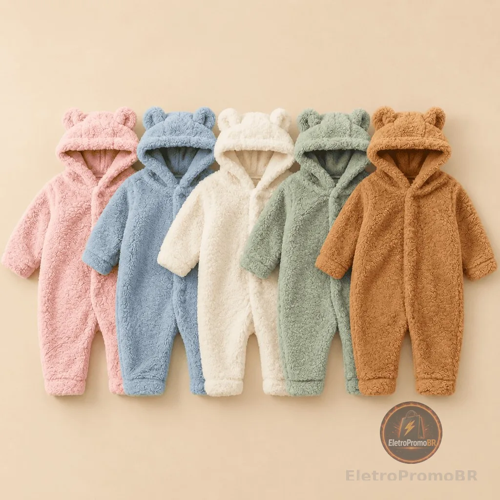 Macacão Fleece Orelhinha Capuz Bebê Inverno Quentinho Recém Nascido 0 a 12 Meses Menino E Menina