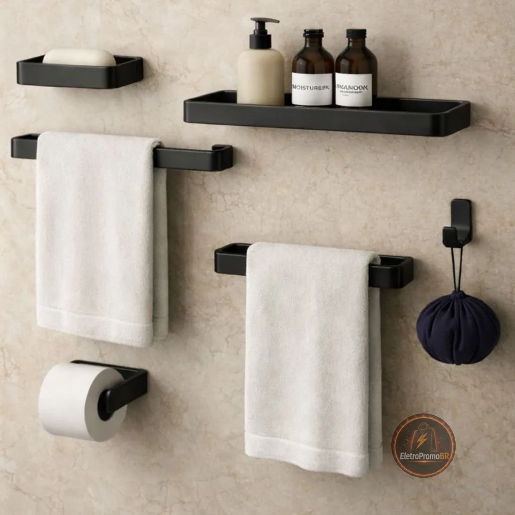 Kit Acessórios Para Banheiro Lavabo 6 Peças Toalheiro Inox Premium Suporte Parede Luxo Preto Cromado