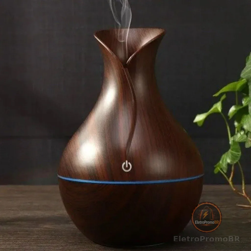 Umidificador Design de Vaso Aromatizador Silencioso textura de Madeira Recarregável com LED JORGE