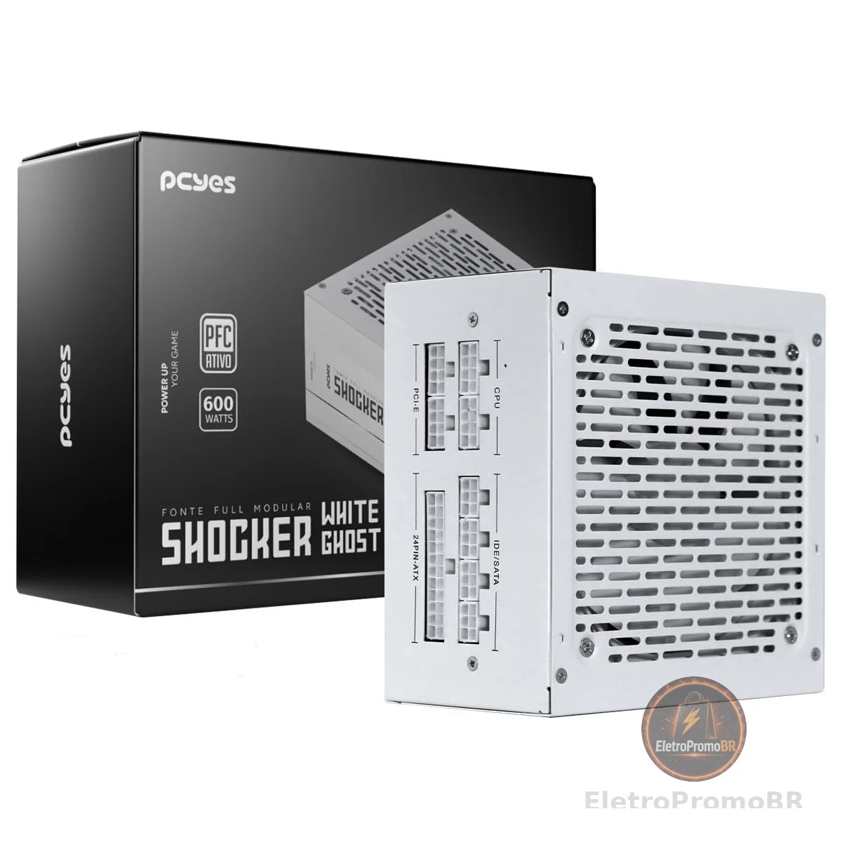 Fonte Gamer Pcyes Shocker Full Modular 600w 80 Plus White - White Ghost - FM600WWG