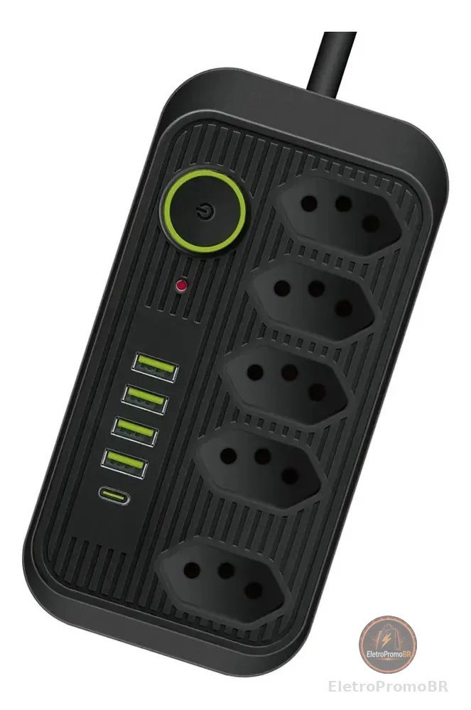 Extensão 5 Tomadas E  1 Pd 4 Usb Led Bivolt Power 127v/220v Preto. 127/220v