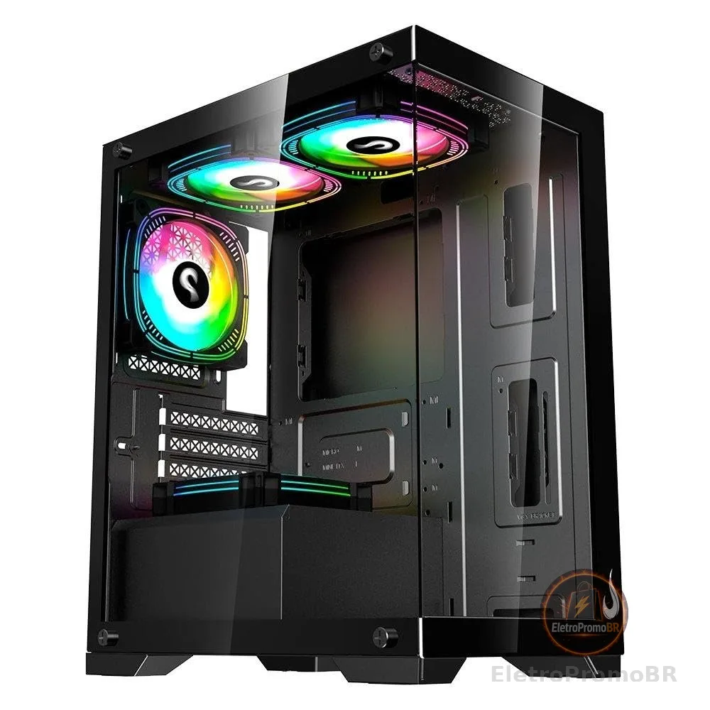 Gabinete Gamer Rise Mode Crystal Glass 01, Mid Tower, Lateral e Frontal em vidro, Preto - Rm-ca-cy-01-fb