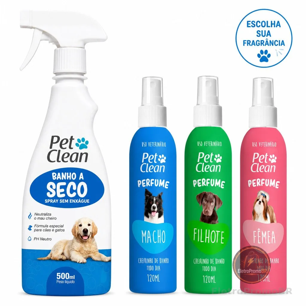 Kit Banho a Seco Pet Clean Sem Enxague 500ml + Perfume Colonia Pet Shop Aroma Femea Macho Filhote 120ml