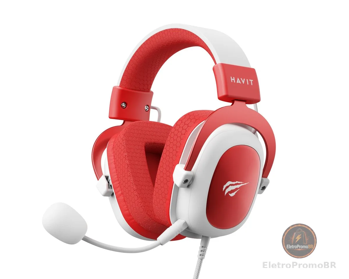 Havit Headphone Fone de Ouvido H2002d Red, Gamer, com Microfone, Falante 53mm, Plug 3, 5mm: compatível com XBOX ONE e PS4, HV-H2002d Cor Vermelho e Branco