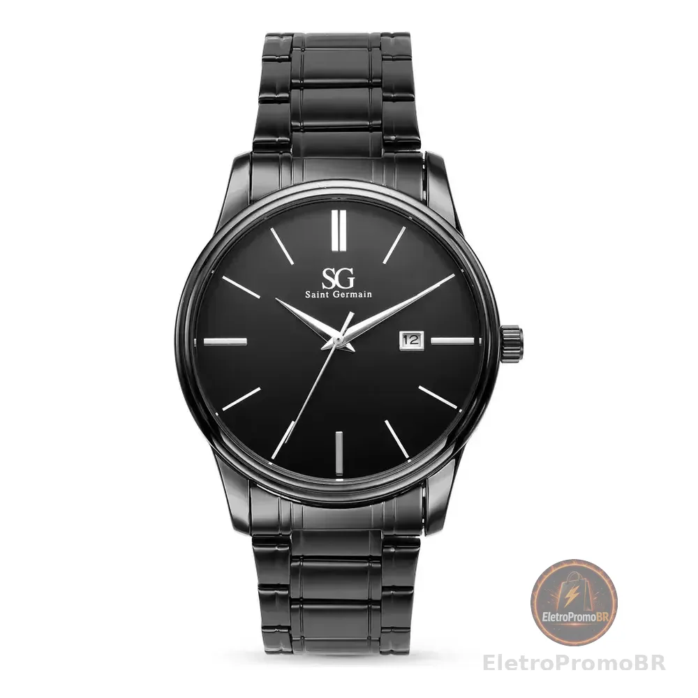 Relógio Chroma Masculino Preto Saint Germain Clássico Caixa Preta Detalhes Prata 42mm