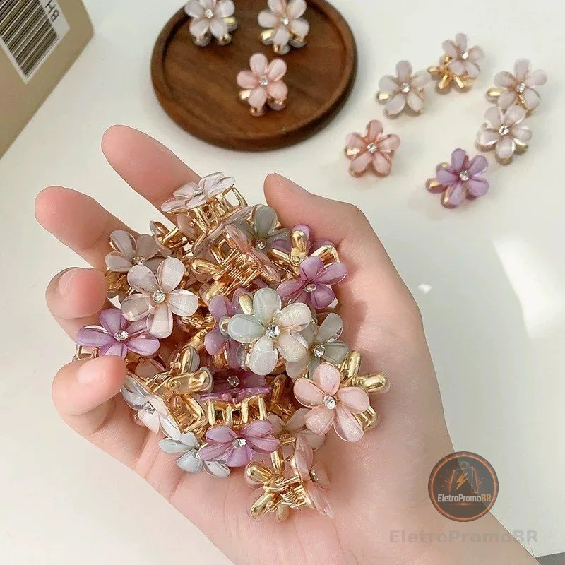 Kit 12 Piranhas /Presilhas Mini Flor Com Pérola/ Cristal e Strass – Grampos de Cabelo Decorativos Para Mulheres - WL