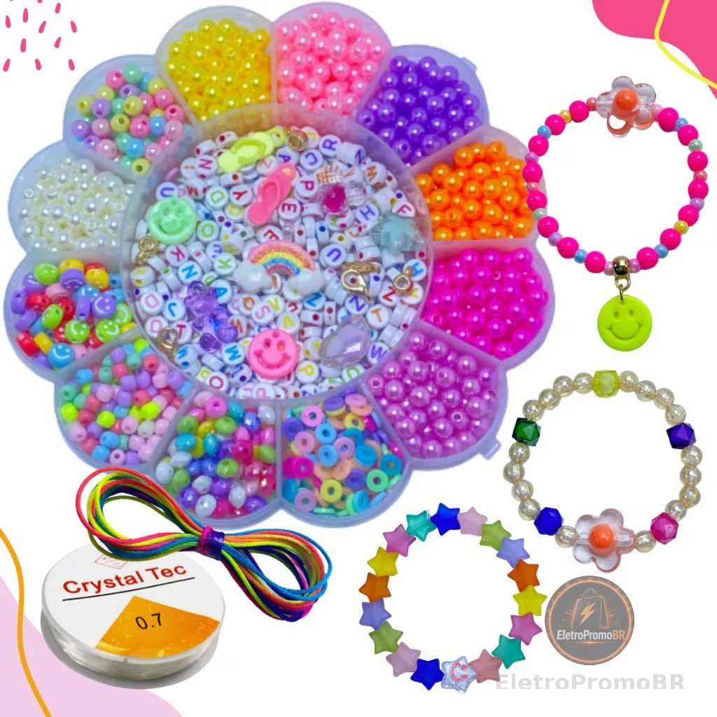 Kit Miçangas Infantil Pulseiras E Colar Maleta Florzinha, Borboleta e Minnie Bijuteria para Crianças