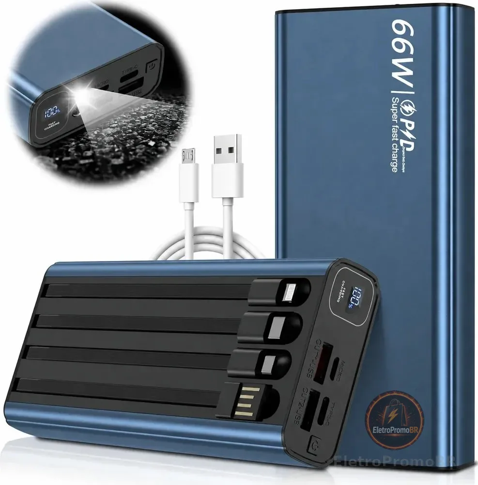 Power Bank Portátil 45000mah 66w Hrtral Turbo Rápida 4 Cabo Azul Celeste