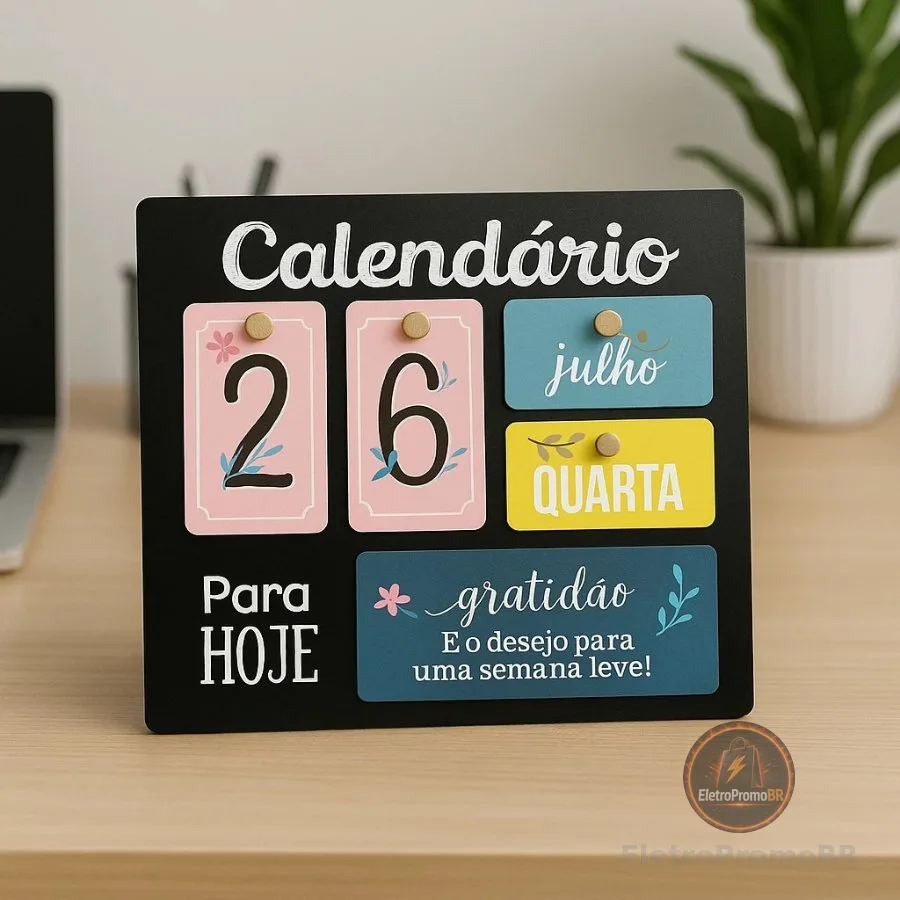 Calendário de Mesa Decorativo de Madeira com Plaquinhas Permanente Colorido Escritório