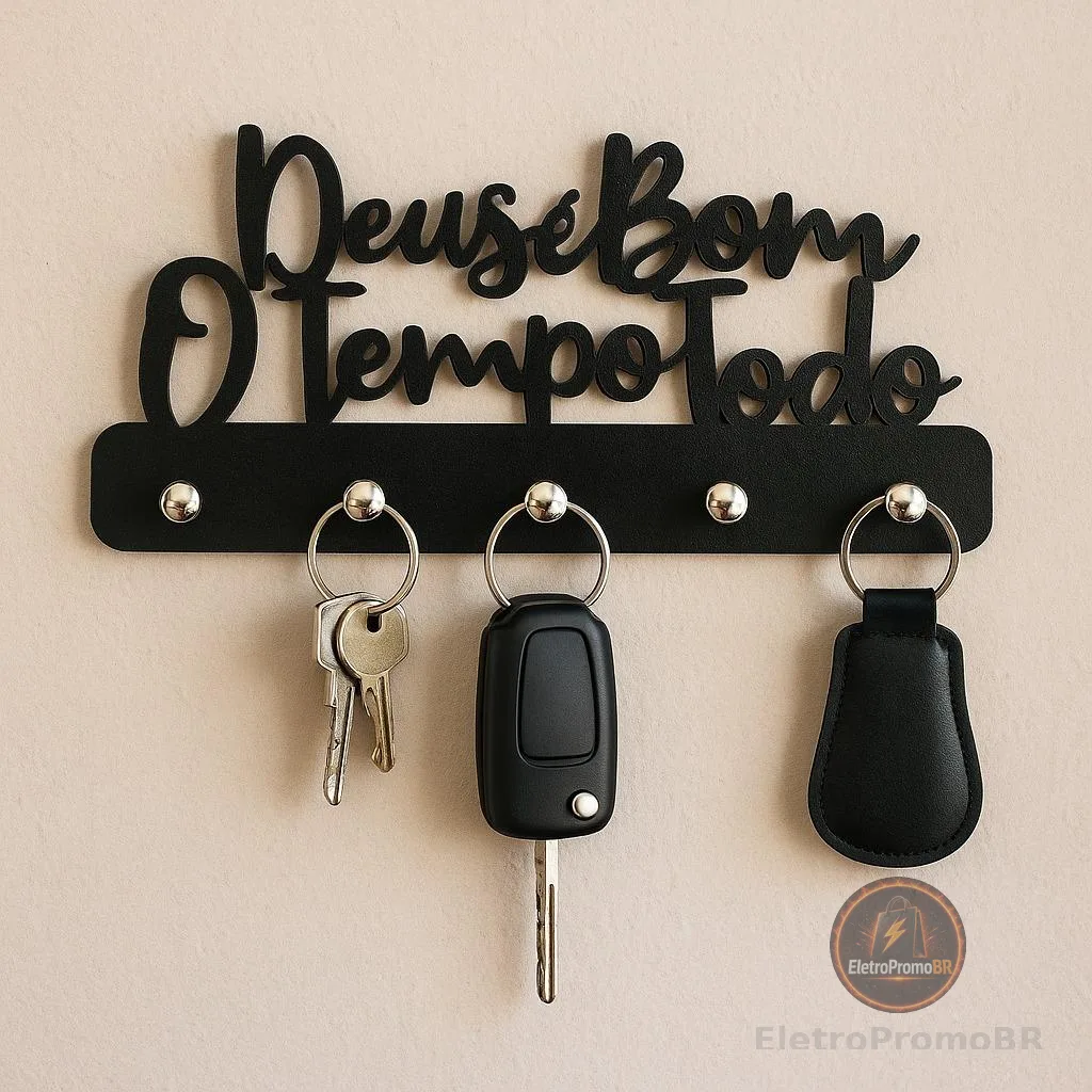 Porta Chaves de Parede Decorativo Multiuso em MDF 3mm Preto Deus é Bom o Tempo Todo Envio Imediato