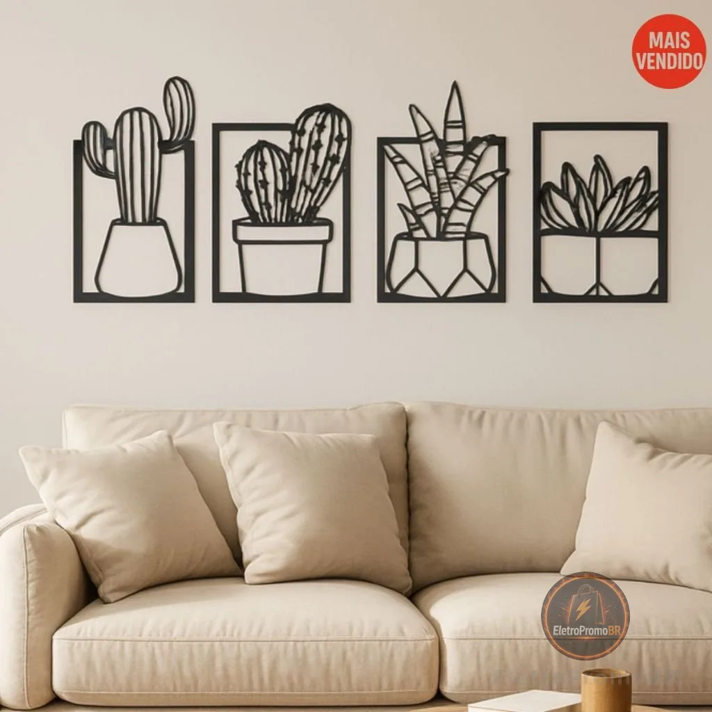 kit 4 Quadros Cacto Vazados Decorativo Sala Quarto Mdf Parede