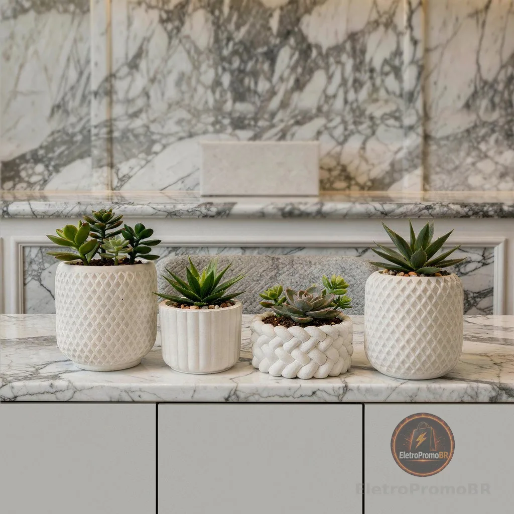 Kit 4 Vaso Decorativo em Gesso para Vaso de Plantas Suculentas e Cactos Decoração Sala Pequena Mesas