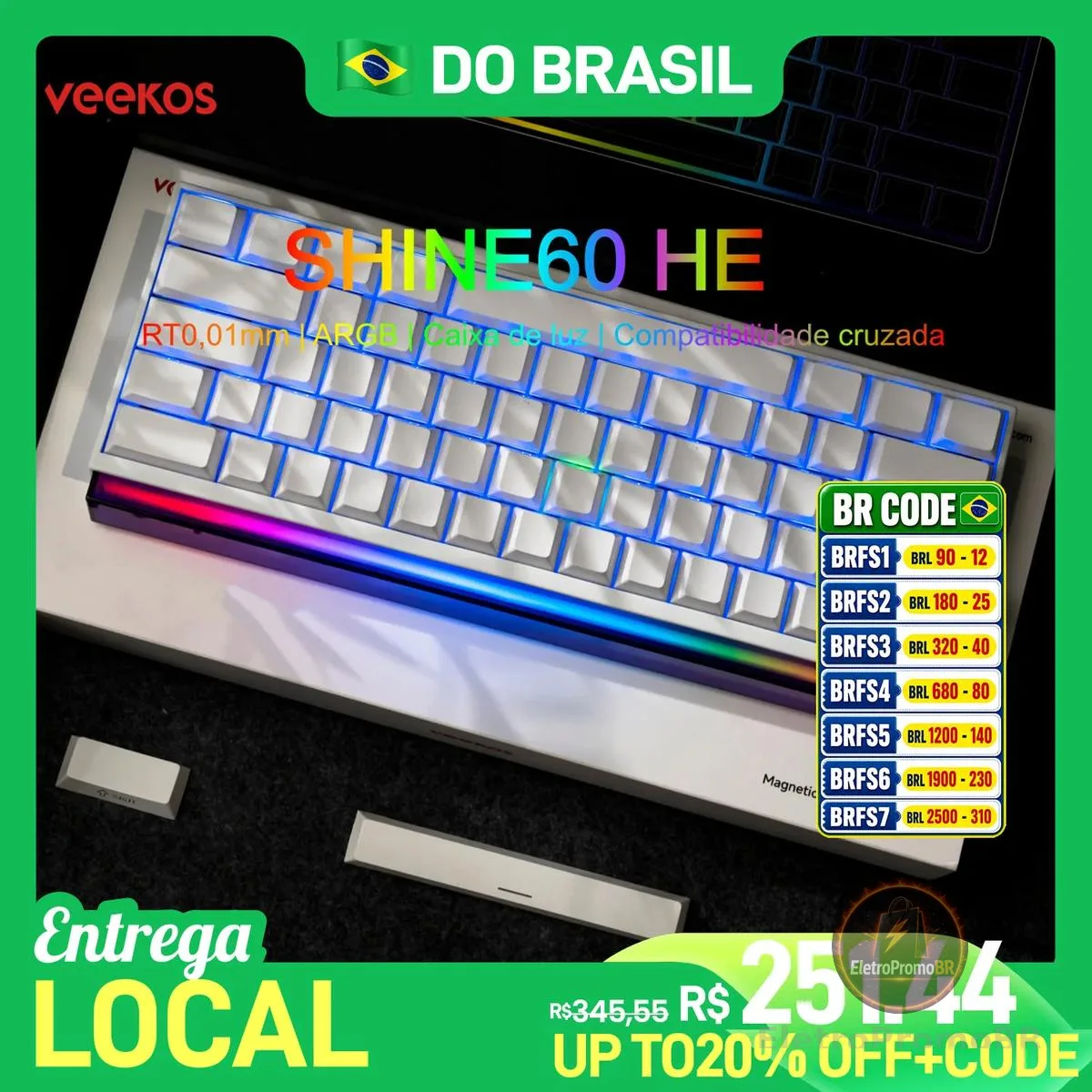 Veekos Teclado Shine60 HE 60% AGRB com Lightbox RT0.01mm Interruptor Magnético 8K Tipo-C Teclado Mecânico E-Sports