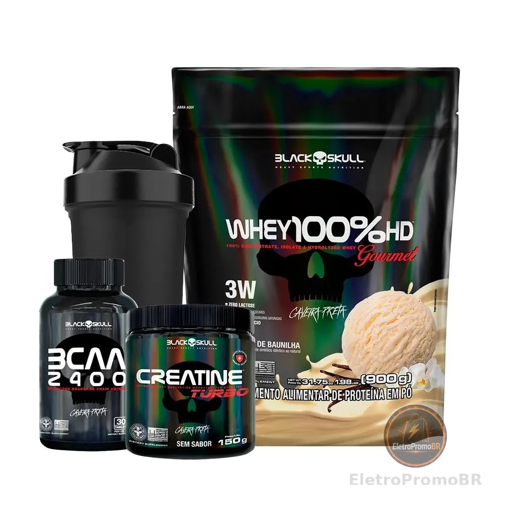 Combo Whey 100% HD Gourmet + Bcaa + Creatina- Black Skull (Baunilha)