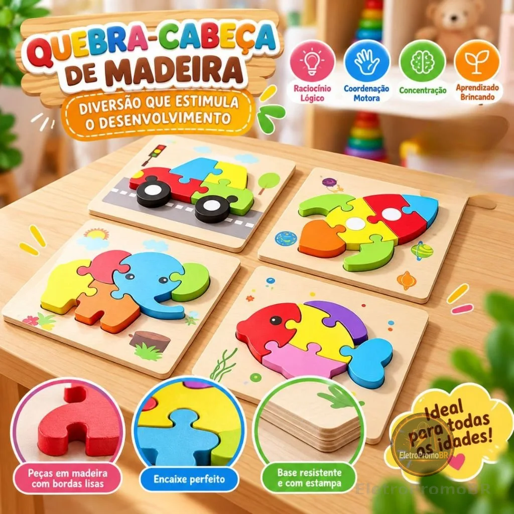 Kit Quebra-Cabeças de Madeira Infantil Sortidos Animais Formas e Personagens Coloridos Educativo