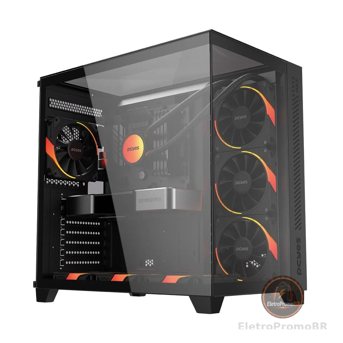 Gabinete Gamer PCYES Forcefield Max Black Vulcan, ATX, Mid-Tower, Vidro Temperado, Sem Fonte e Fan, Preto - GFFMAXBV