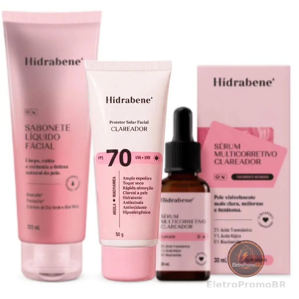 Kit Clareador Facial - Sabonete Líquido + Protetor Solar Clareador 70 FPS + Sérum Multicorretivo Clareador