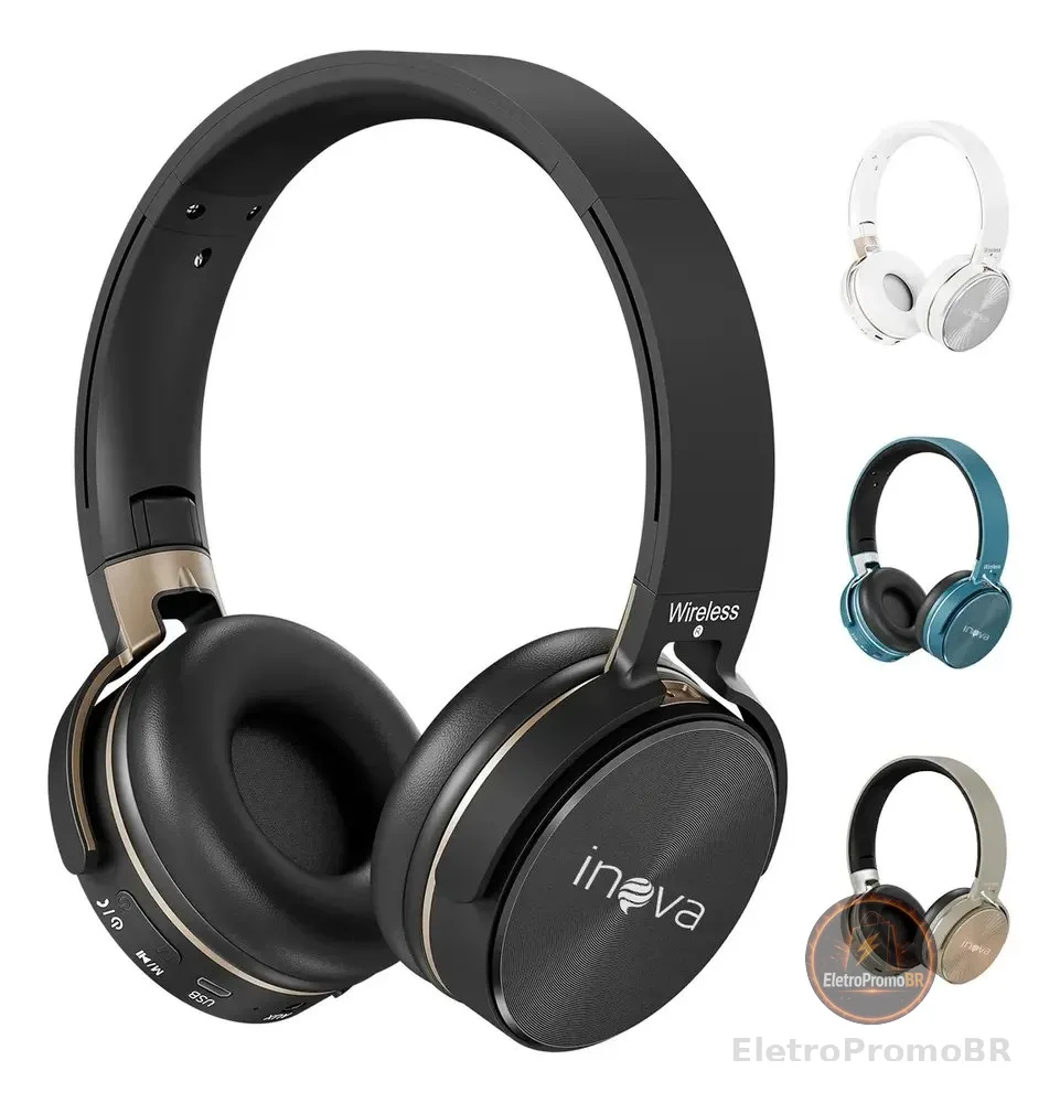Fone de Ouvido Over-Ear Inova BT-950 Bluetooth 5.2 Sem Fio com Microfone e Redução de Ruído para Celular e Notebook