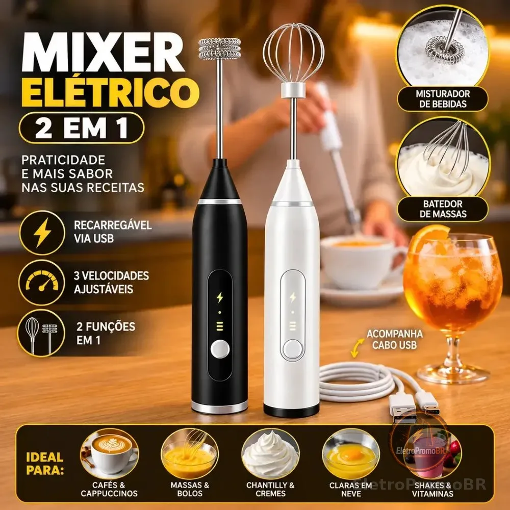 Mini Mixer Misturador De Bebidas Elétrico 2 Em 1 Portátil Recarregável Mexedor De Ovos Leite Whey Café Espuma Shake Drinks Capuccino Suco Blackbom