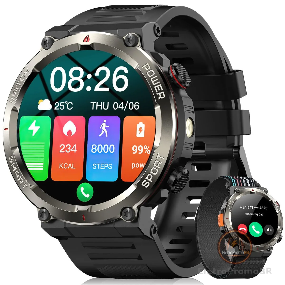 Smartwatch Militar Masculino,Relógio Inteligente com Chamadas,Tela HD de 1.45",2 Alças,100+ Modos Esportivos,Resistente à Água e Compatível com iOS e Android