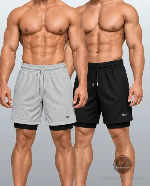 Kit 2 Bermudas 2 Em 1 Short Duplo Masculino Academia Treino