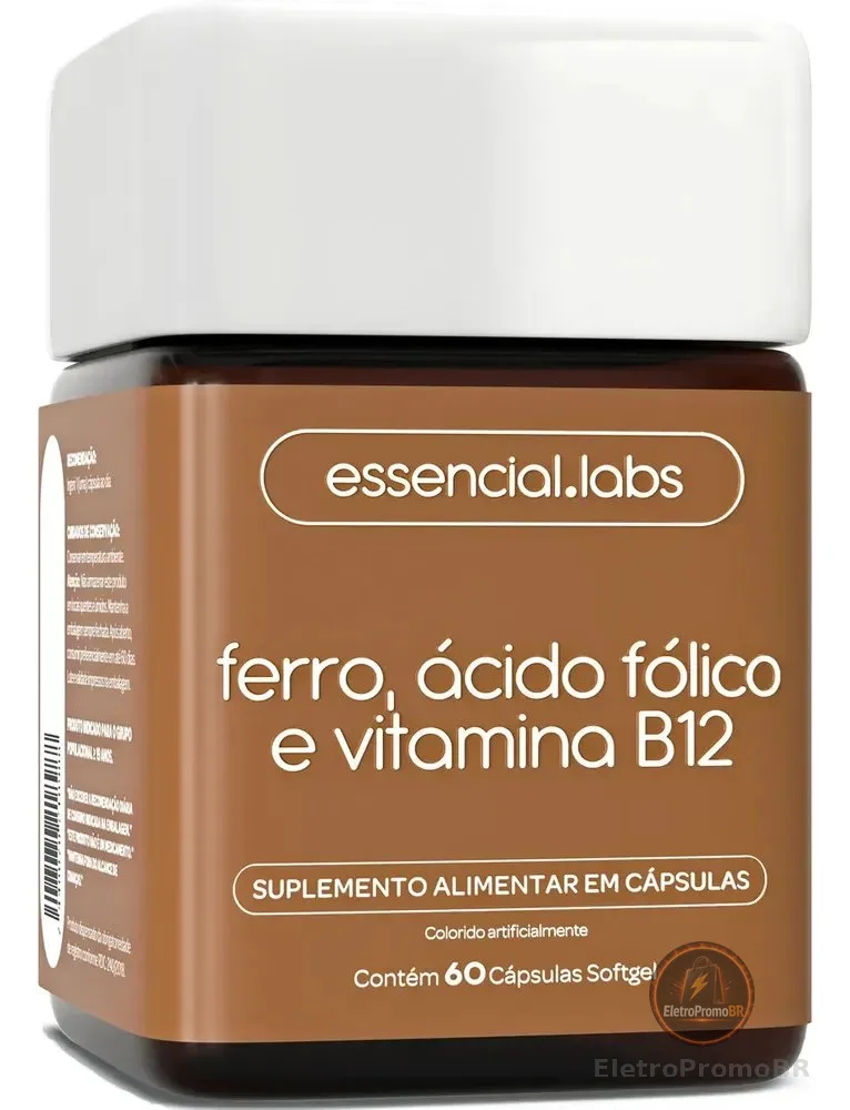 FERRO com ÁCIDO FÓLICO e VITAMINA B12 - 60 Cápsulas Softgel - Fórmula Avançada com Máxima Absorção
