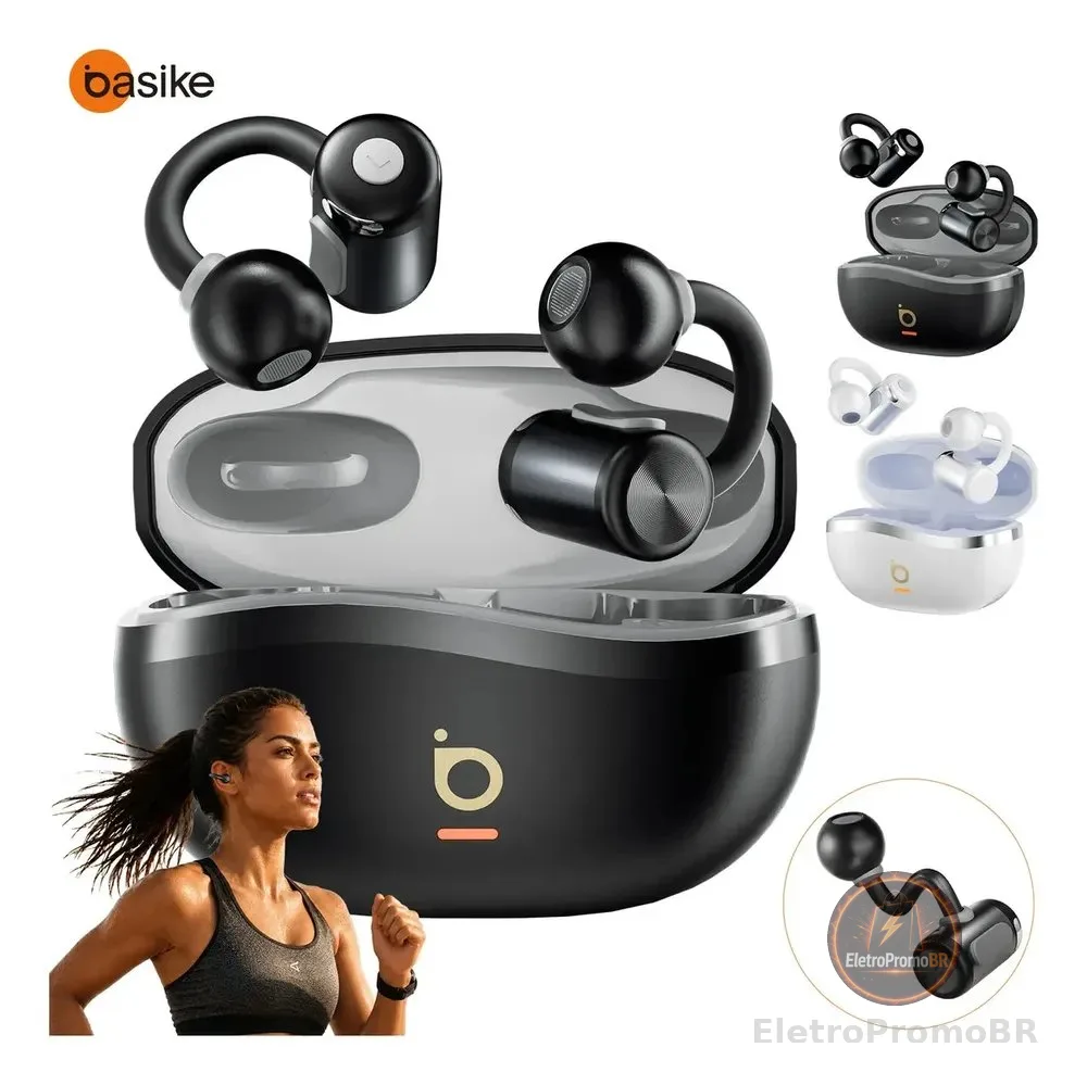 Basike Fone De Ouvido Sem Fio Bluetooth Esportivo 60Hrs IPX6 ANC Fone Bluetooth Gancho Estére Para Iphone Auricular Preto