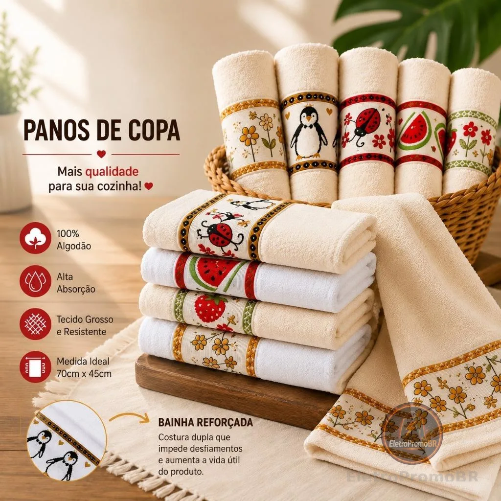 Kit 3 e 5 Panos de Copa Algodão Felpudo Alta Absorção para Cozinha Uso Diário Limpeza Doméstica