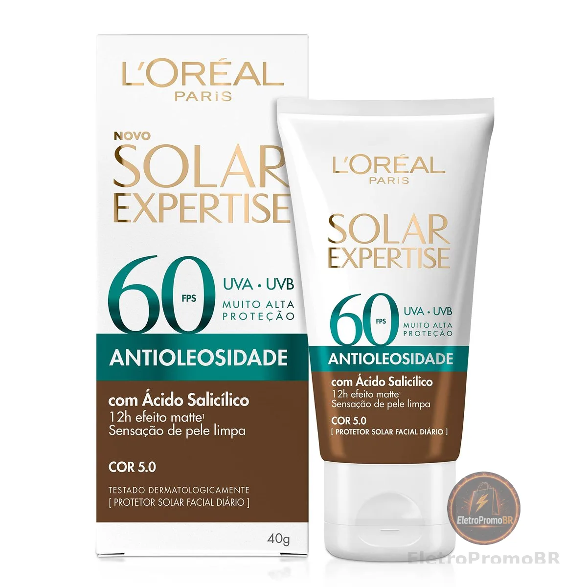 L'Oréal Paris Solar Expertise Protetor Solar Facial Antioleosidade FPS60 Efeito Matte com Ácido Salicílico, Alta Proteção de Amplo Espectro, Cor 5.0 Negra, 40g