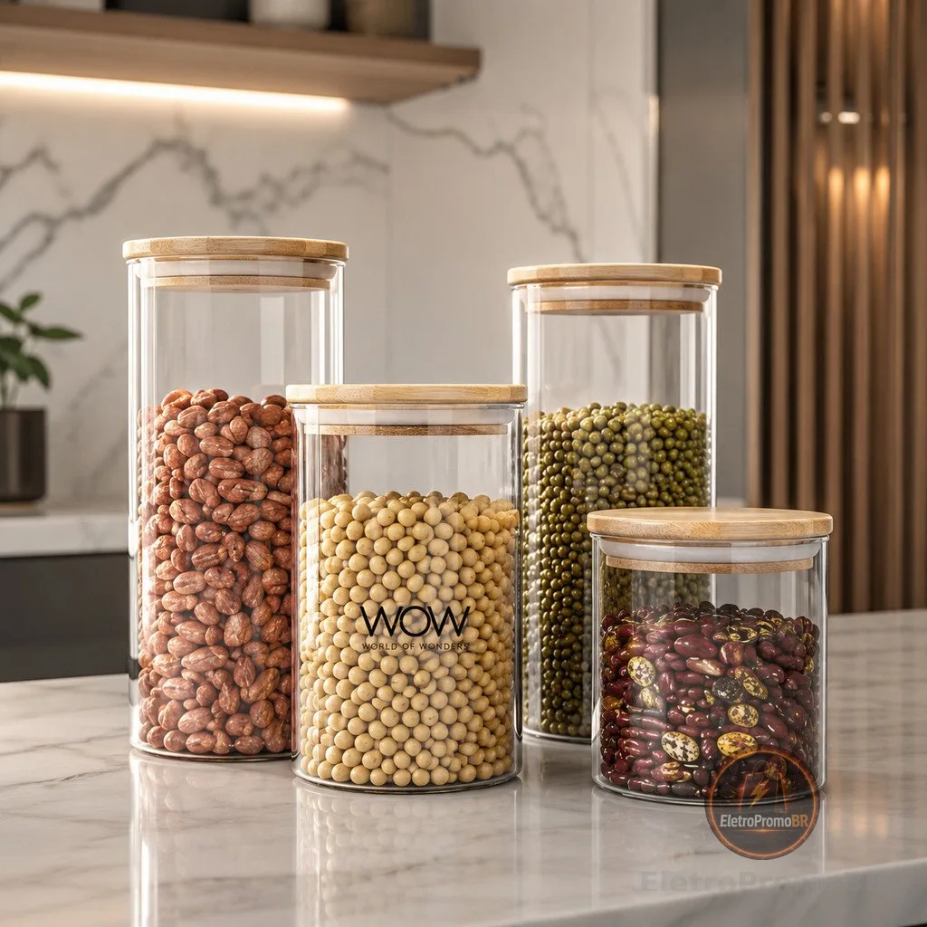 Kit 4 Potes Herméticos Tampa Bambu Organizador Mantimentos Cozinha