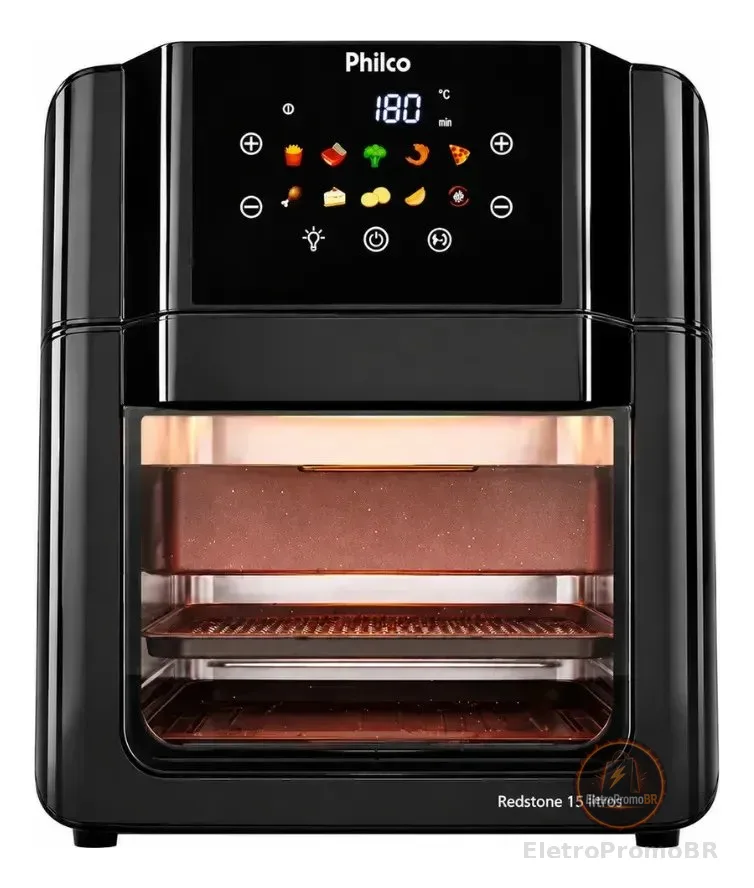 Philco PAF15C Fritadeira Air Fryer Oven 15 Litros Revestimento Redstone Porta Removível Luz Interna 10 Funções Preta