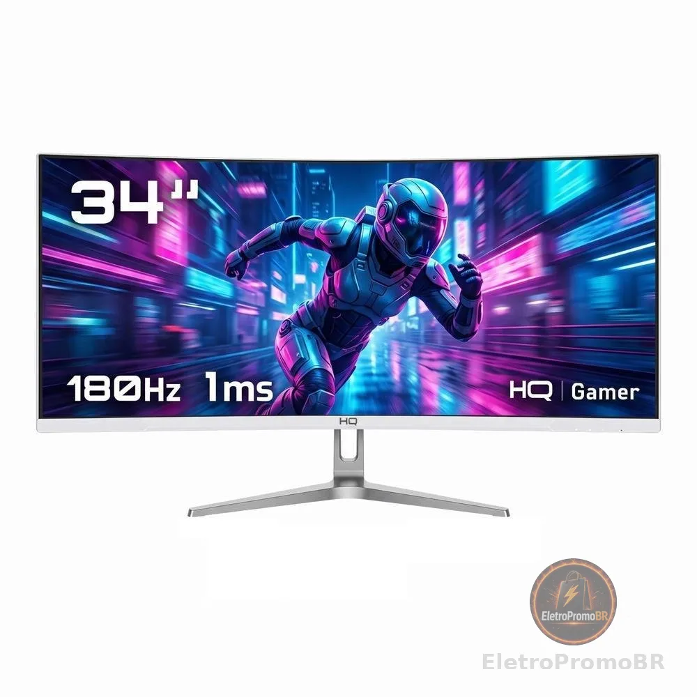 Monitor Gamer HQ 34" Branco Curvo 1ms, 180Hz, UltraWide (QHD) - 3440x1440 AMD FreeSync, HDMI, DP HQW34C180