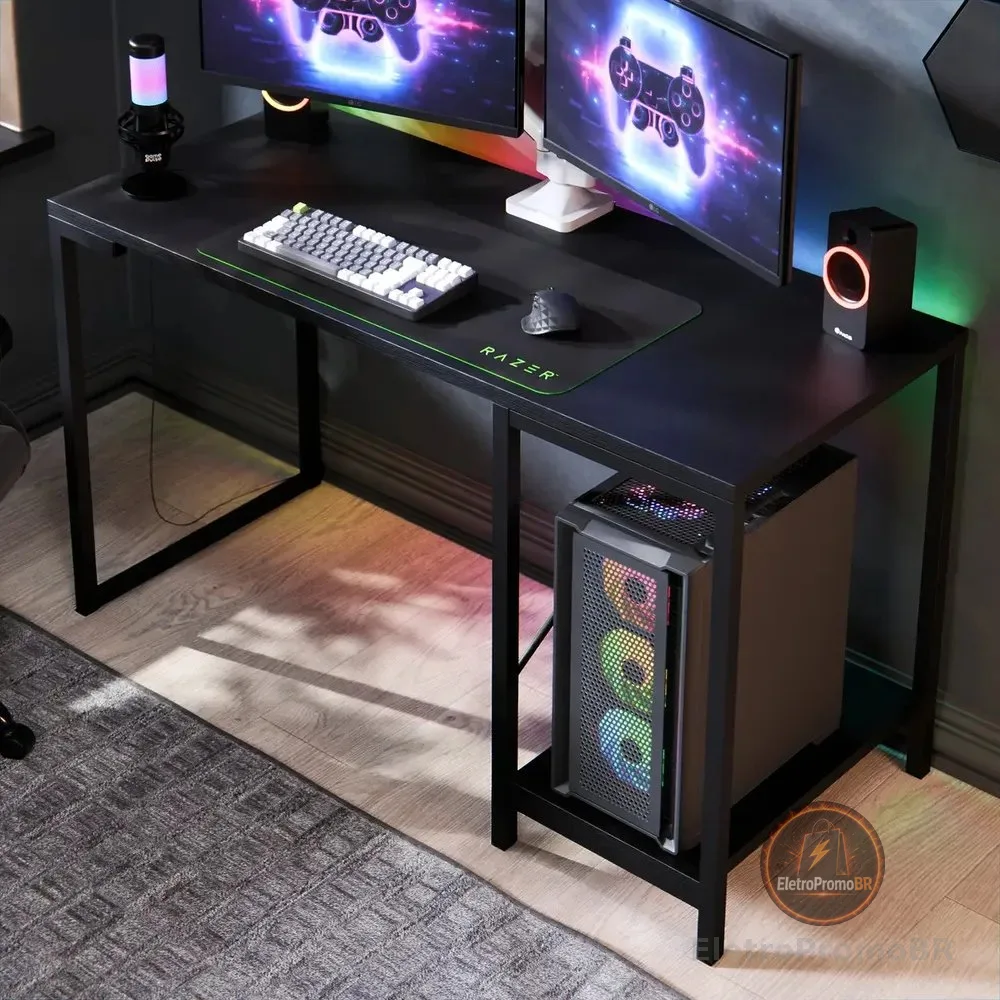 Escrivaninha Gamer Industrial De Mdf Com Prateleira Para Cpu E Estrutura De Aço Preta Preto Essenza